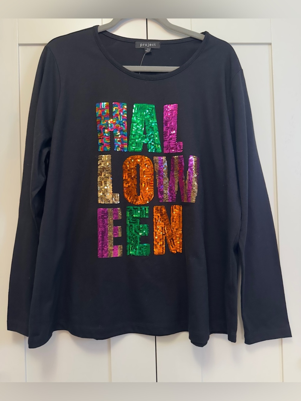 Halloween Sequin Multi Colored on Black Pullover Sweatshirt Top Sz XL NEW!